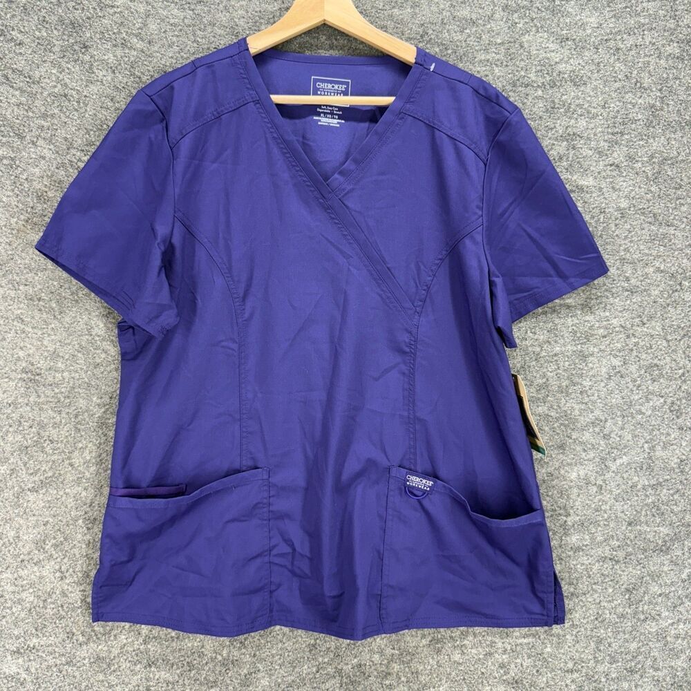 New Cherokee Scrub Top Women XL Blue V-Neck Short Sleeve Pockets Stretch Work